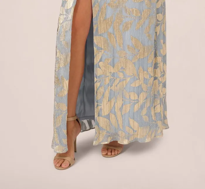 Adrianna Papell Formal Dresses Foil Leaf Short Sleeve Gown With Draped Details In Light Blue Gold 8211 Women