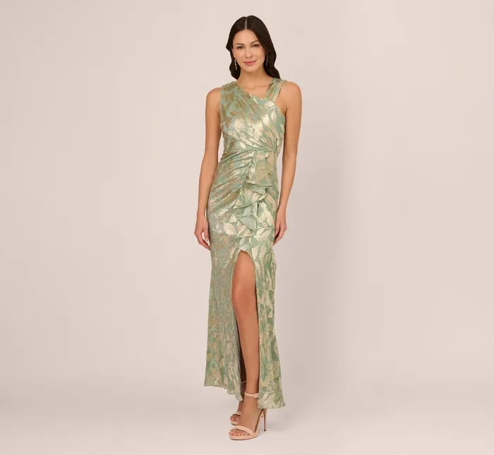 Adrianna Papell Formal Dresses Foil Printed Asymmetric Gown With Ruffled Detail In Sage Gold 8211 Women Adrianna Papell Formal Dresses Foil Printed Asymmetric Gown With Ruffled Detail In Sage Gold 8211 Women