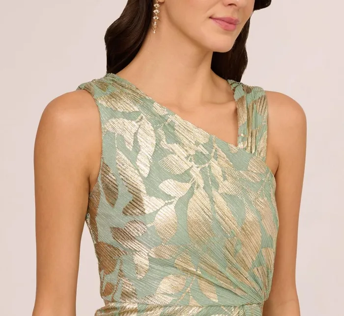 Adrianna Papell Formal Dresses Foil Printed Asymmetric Gown With Ruffled Detail In Sage Gold 8211 Women