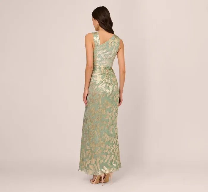 Adrianna Papell Formal Dresses Foil Printed Asymmetric Gown With Ruffled Detail In Sage Gold 8211 Women