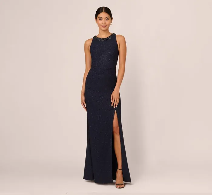 Adrianna Papell Formal Dresses Glitter Boucle Stretch Gown In Navy 8211 Women
