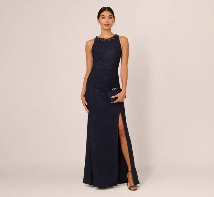 Adrianna Papell Formal Dresses Glitter Boucle Stretch Gown In Navy 8211 Women
