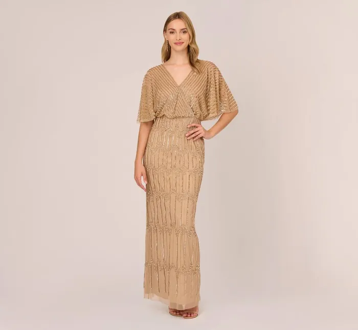 Adrianna Papell Formal Dresses HandBeaded Illusion Long Column Blouson Gown In Champagne Gold 8211 Women Adrianna Papell Formal Dresses HandBeaded Illusion Long Column Blouson Gown In Champagne Gold 8211 Women