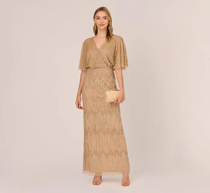 Adrianna Papell Formal Dresses HandBeaded Illusion Long Column Blouson Gown In Champagne Gold 8211 Women