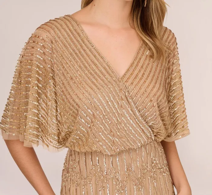 Adrianna Papell Formal Dresses HandBeaded Illusion Long Column Blouson Gown In Champagne Gold 8211 Women