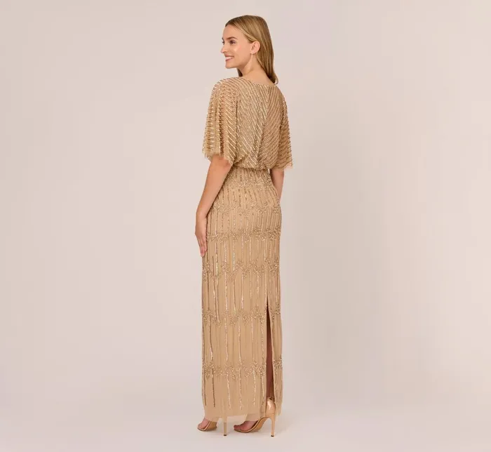 Adrianna Papell Formal Dresses HandBeaded Illusion Long Column Blouson Gown In Champagne Gold 8211 Women