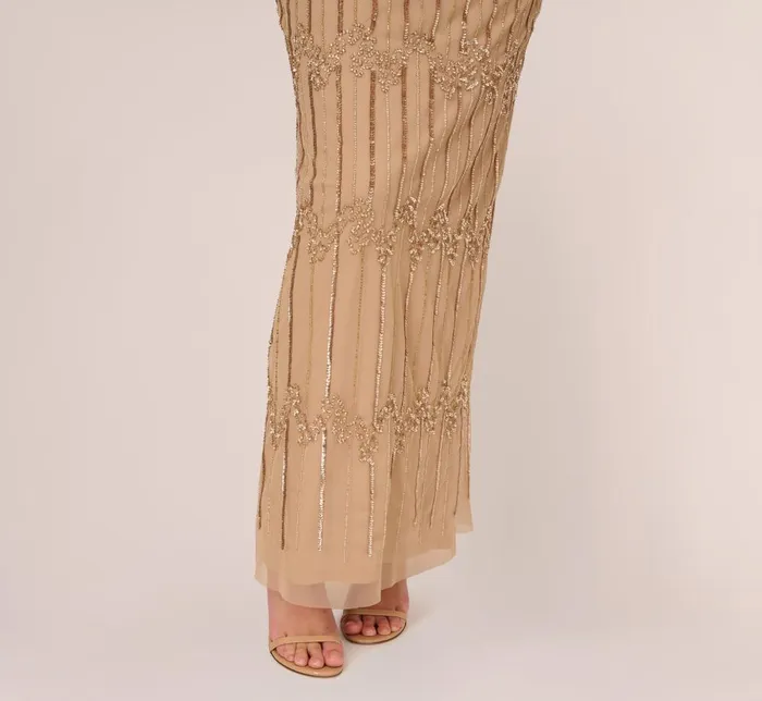 Adrianna Papell Formal Dresses HandBeaded Illusion Long Column Blouson Gown In Champagne Gold 8211 Women