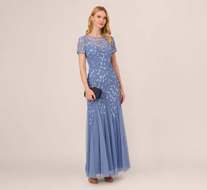 Adrianna Papell Formal Dresses Hand Beaded Short Sleeve Floral Godet Gown In French Blue 8211 Women