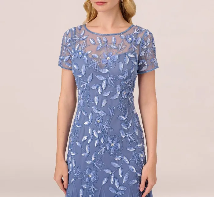 Adrianna Papell Formal Dresses Hand Beaded Short Sleeve Floral Godet Gown In French Blue 8211 Women