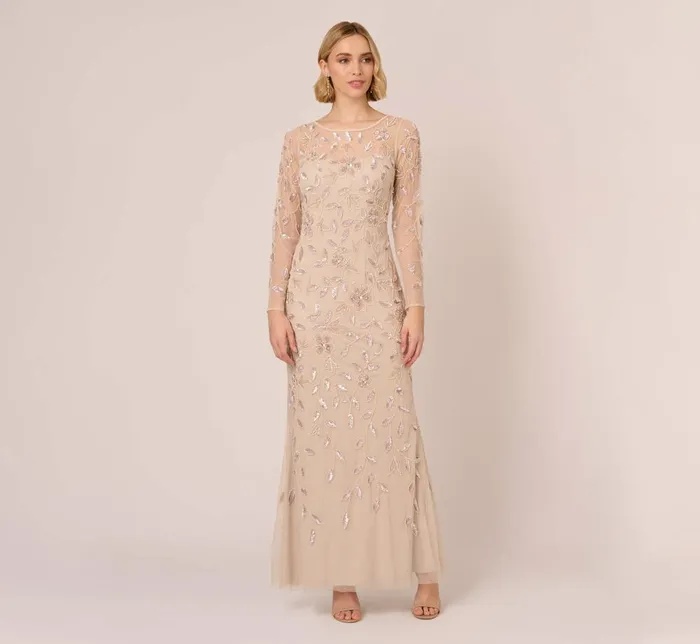 Adrianna Papell Formal Dresses Illusion Floral Beaded Gown With Sheer Long Sleeves In Latte 8211 Women Adrianna Papell Formal Dresses Illusion Floral Beaded Gown With Sheer Long Sleeves In Latte 8211 Women