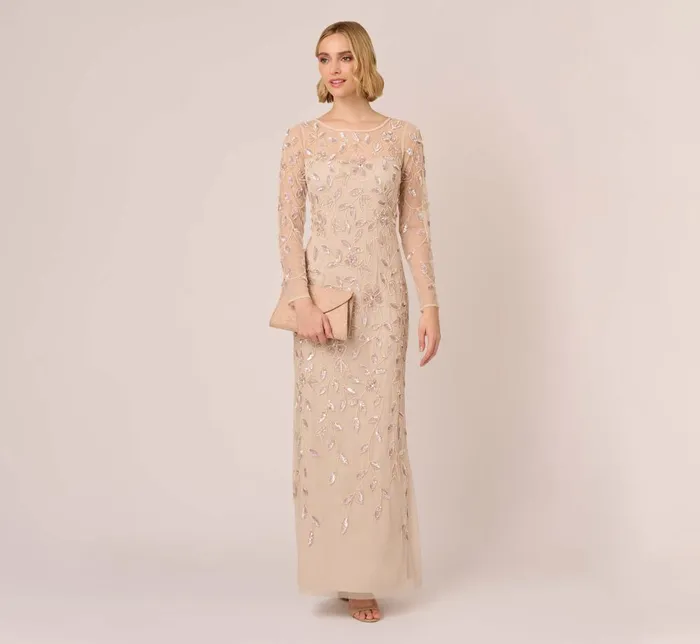 Adrianna Papell Formal Dresses Illusion Floral Beaded Gown With Sheer Long Sleeves In Latte 8211 Women