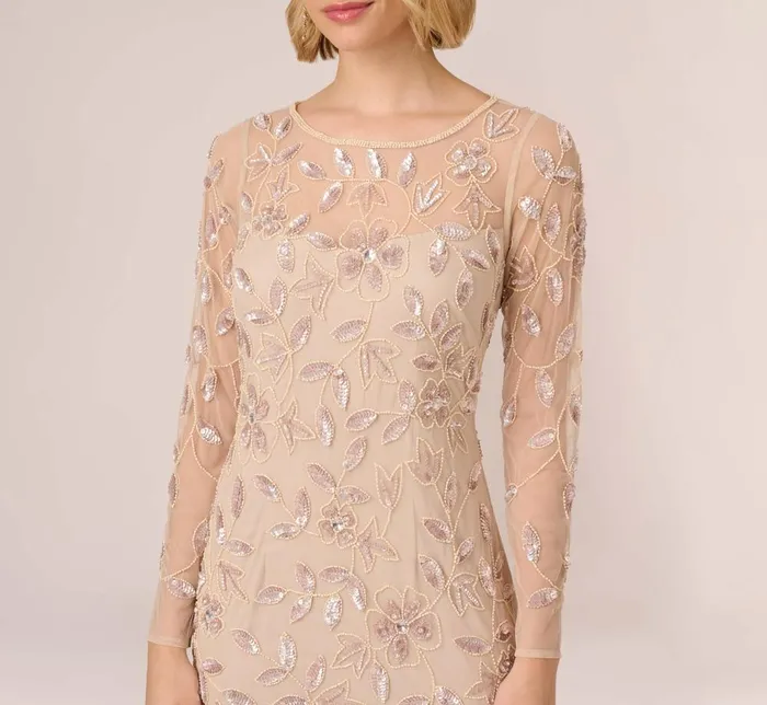 Adrianna Papell Formal Dresses Illusion Floral Beaded Gown With Sheer Long Sleeves In Latte 8211 Women
