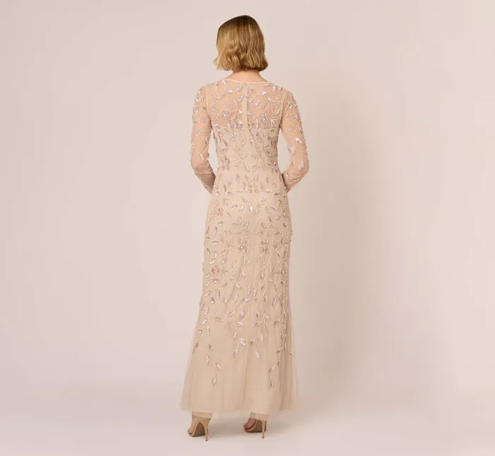 Adrianna Papell Formal Dresses Illusion Floral Beaded Gown With Sheer Long Sleeves In Latte 8211 Women