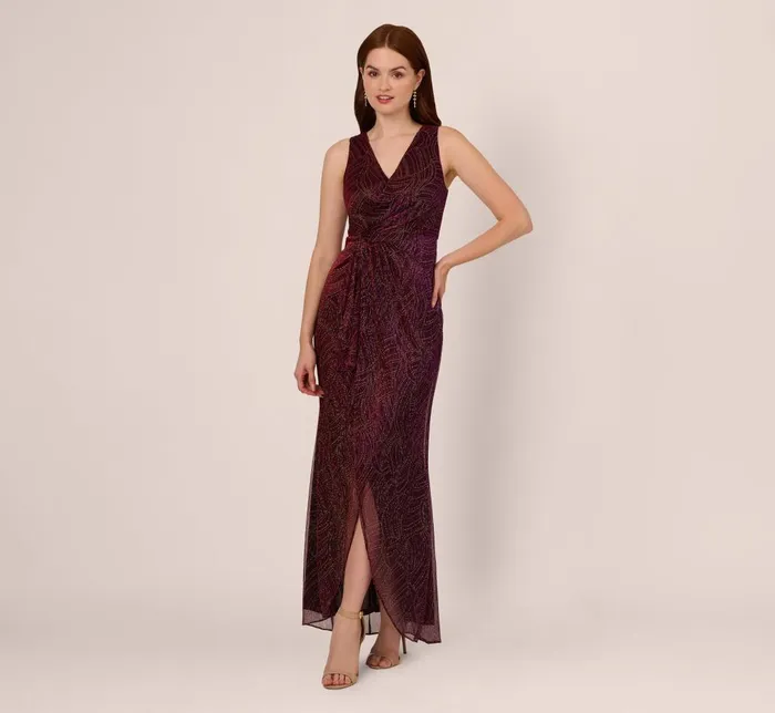 Adrianna Papell Formal Dresses Metallic Mesh Faux Wrap Gown With Ruffle Accents In Burgundy Gold 8211 Women Adrianna Papell Formal Dresses Metallic Mesh Faux Wrap Gown With Ruffle Accents In Burgundy Gold 8211 Women