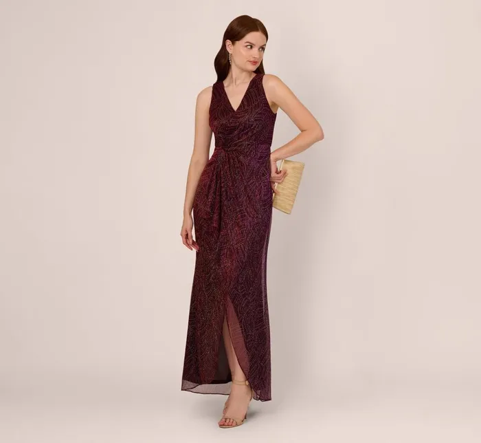 Adrianna Papell Formal Dresses Metallic Mesh Faux Wrap Gown With Ruffle Accents In Burgundy Gold 8211 Women
