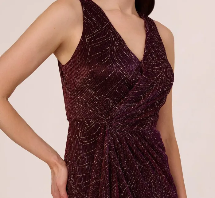 Adrianna Papell Formal Dresses Metallic Mesh Faux Wrap Gown With Ruffle Accents In Burgundy Gold 8211 Women