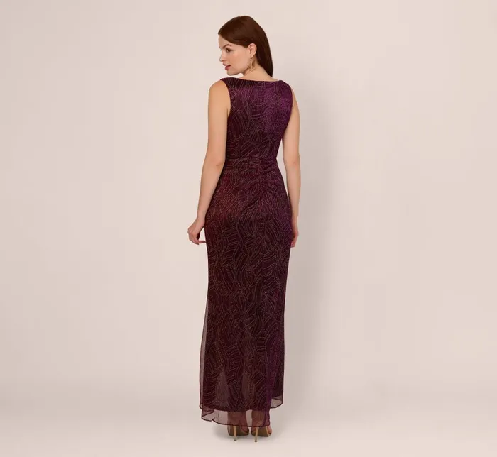Adrianna Papell Formal Dresses Metallic Mesh Faux Wrap Gown With Ruffle Accents In Burgundy Gold 8211 Women