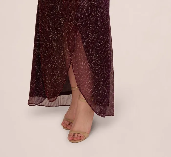 Adrianna Papell Formal Dresses Metallic Mesh Faux Wrap Gown With Ruffle Accents In Burgundy Gold 8211 Women