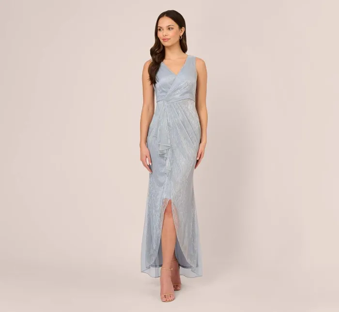 Adrianna Papell Formal Dresses Metallic Mesh Faux Wrap Gown With Ruffle Accents In Sky Blue 8211 Women Adrianna Papell Formal Dresses Metallic Mesh Faux Wrap Gown With Ruffle Accents In Sky Blue 8211 Women