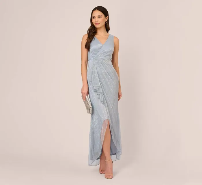 Adrianna Papell Formal Dresses Metallic Mesh Faux Wrap Gown With Ruffle Accents In Sky Blue 8211 Women