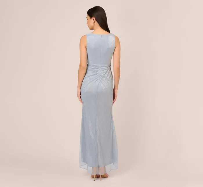 Adrianna Papell Formal Dresses Metallic Mesh Faux Wrap Gown With Ruffle Accents In Sky Blue 8211 Women