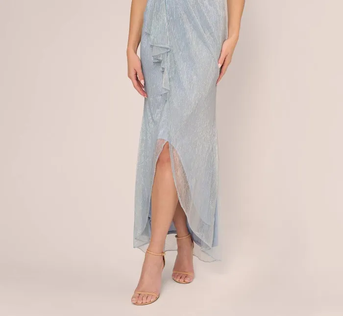 Adrianna Papell Formal Dresses Metallic Mesh Faux Wrap Gown With Ruffle Accents In Sky Blue 8211 Women