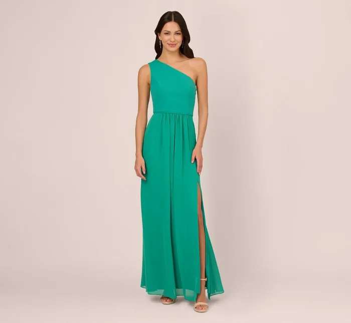 Adrianna Papell Formal Dresses OneShoulder Chiffon Long Gown In Botanic Green 8211 Women