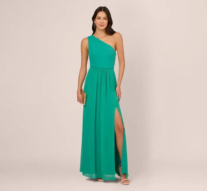 Adrianna Papell Formal Dresses OneShoulder Chiffon Long Gown In Botanic Green 8211 Women