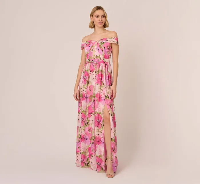 Adrianna Papell Formal Dresses Painterly Floral Print Off The Shoulder Gown With Twisted Bust In Pink Multi 8211 Women Adrianna Papell Formal Dresses Painterly Floral Print Off The Shoulder Gown With Twisted Bust In Pink Multi 8211 Women