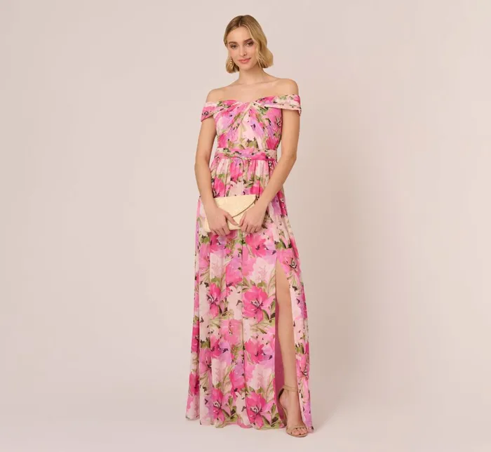 Adrianna Papell Formal Dresses Painterly Floral Print Off The Shoulder Gown With Twisted Bust In Pink Multi 8211 Women