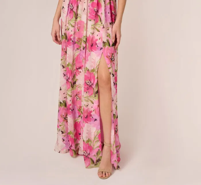 Adrianna Papell Formal Dresses Painterly Floral Print Off The Shoulder Gown With Twisted Bust In Pink Multi 8211 Women
