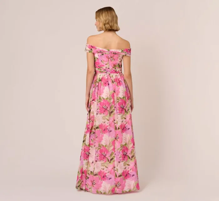 Adrianna Papell Formal Dresses Painterly Floral Print Off The Shoulder Gown With Twisted Bust In Pink Multi 8211 Women