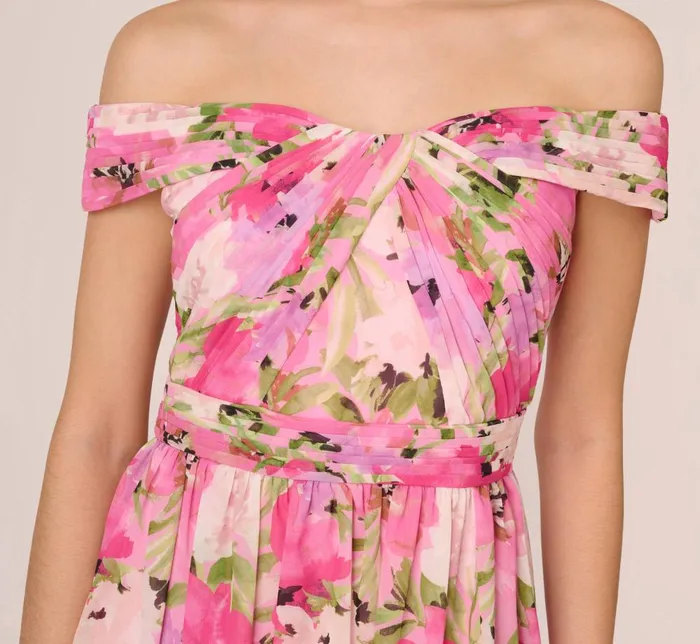 Adrianna Papell Formal Dresses Painterly Floral Print Off The Shoulder Gown With Twisted Bust In Pink Multi 8211 Women