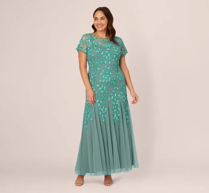Adrianna Papell Formal Dresses Plus Size Hand Beaded Short Sleeve Floral Godet Gown In Green Slate 8211 Women Adrianna Papell Formal Dresses Plus Size Hand Beaded Short Sleeve Floral Godet Gown In Green Slate 8211 Women