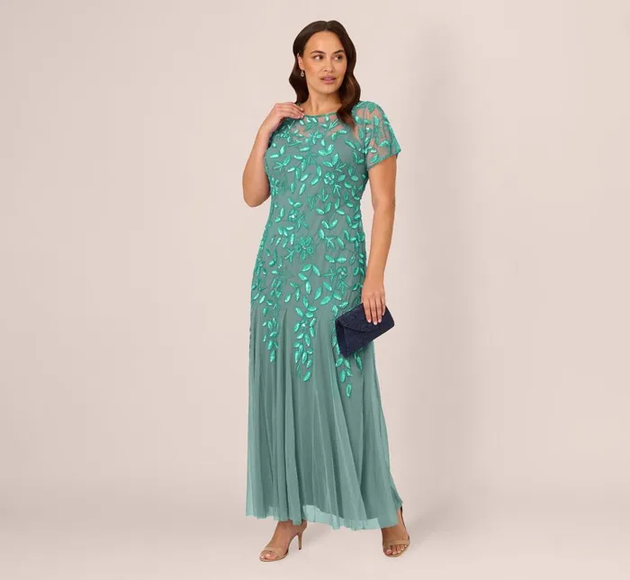 Adrianna Papell Formal Dresses Plus Size Hand Beaded Short Sleeve Floral Godet Gown In Green Slate 8211 Women