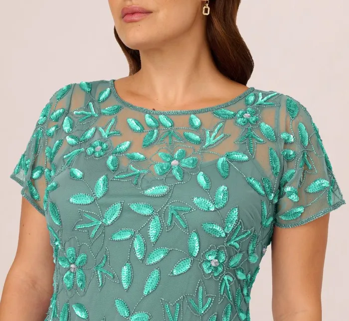 Adrianna Papell Formal Dresses Plus Size Hand Beaded Short Sleeve Floral Godet Gown In Green Slate 8211 Women