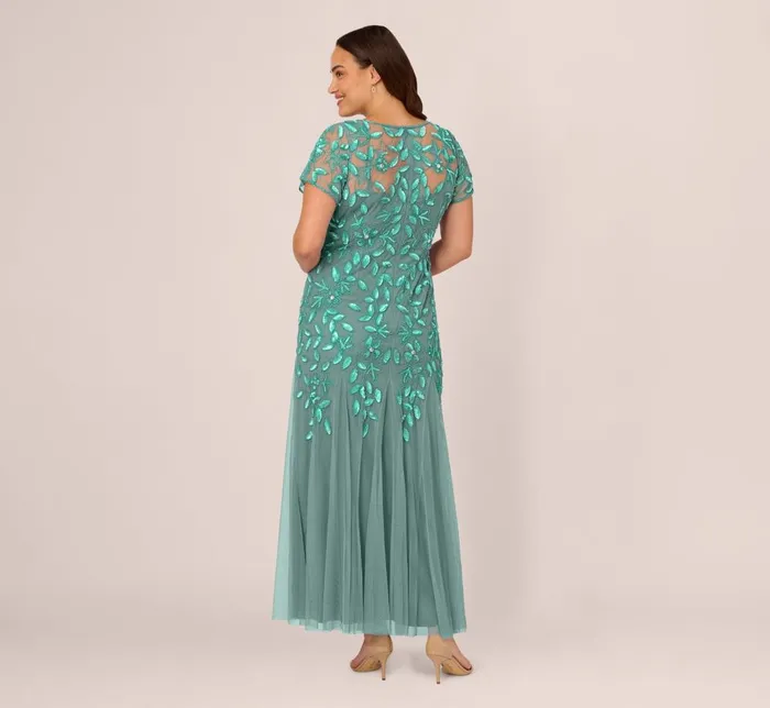 Adrianna Papell Formal Dresses Plus Size Hand Beaded Short Sleeve Floral Godet Gown In Green Slate 8211 Women