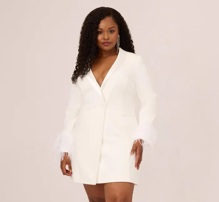 Adrianna Papell Formal Dresses Plus Size Knit Crepe Long Sleeve Blazer Dress With Feather Trim In Ivory 8211 Women Adrianna Papell Formal Dresses Plus Size Knit Crepe Long Sleeve Blazer Dress With Feather Trim In Ivory 8211 Women