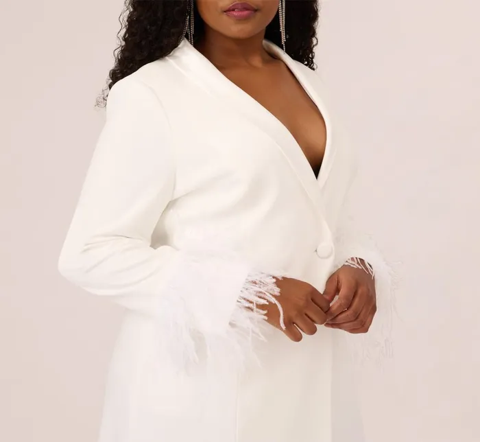 Adrianna Papell Formal Dresses Plus Size Knit Crepe Long Sleeve Blazer Dress With Feather Trim In Ivory 8211 Women