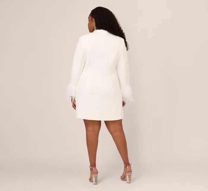 Adrianna Papell Formal Dresses Plus Size Knit Crepe Long Sleeve Blazer Dress With Feather Trim In Ivory 8211 Women