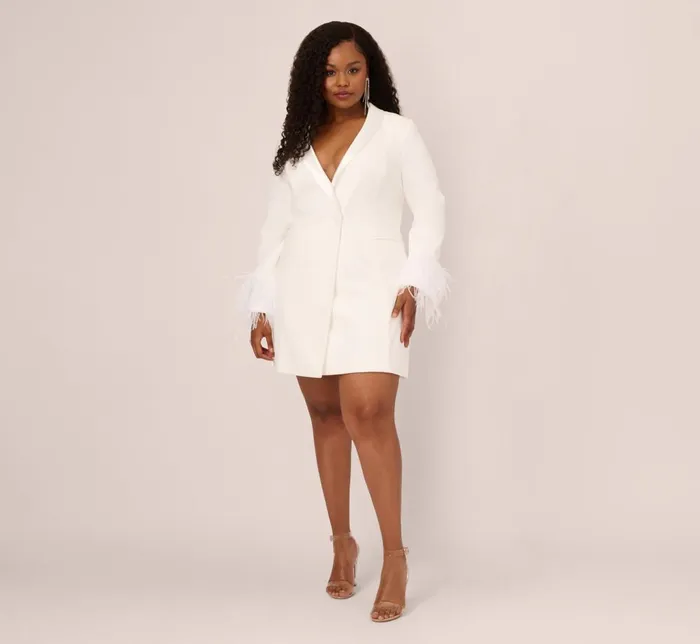 Adrianna Papell Formal Dresses Plus Size Knit Crepe Long Sleeve Blazer Dress With Feather Trim In Ivory 8211 Women