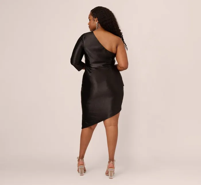 Adrianna Papell Formal Dresses Plus Size One Shoulder Satin Midi Dress With ThreeQuarter Sleeve In Black 8211 Women