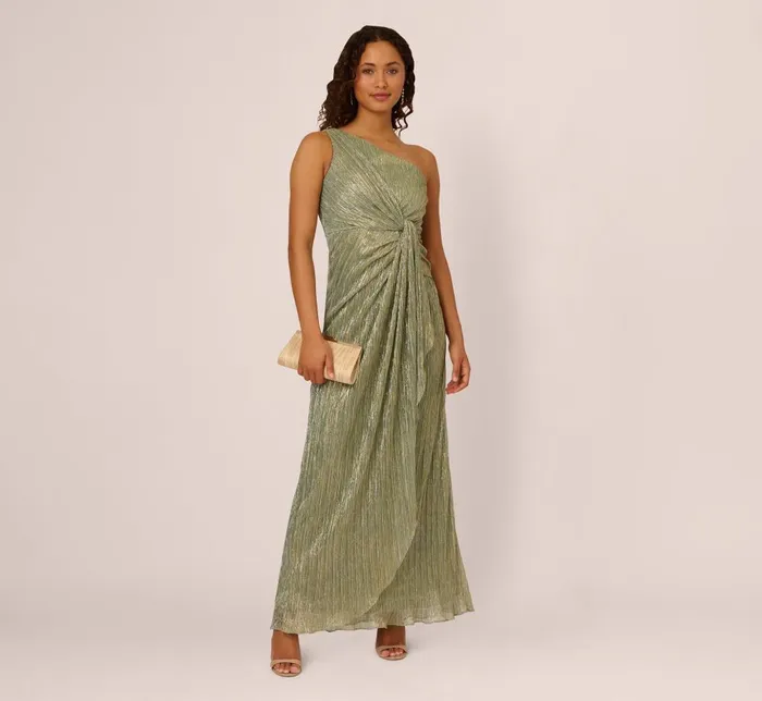 Adrianna Papell Formal Dresses Stardust Pleated Draped One Shoulder Gown In Green Slate 8211 Women