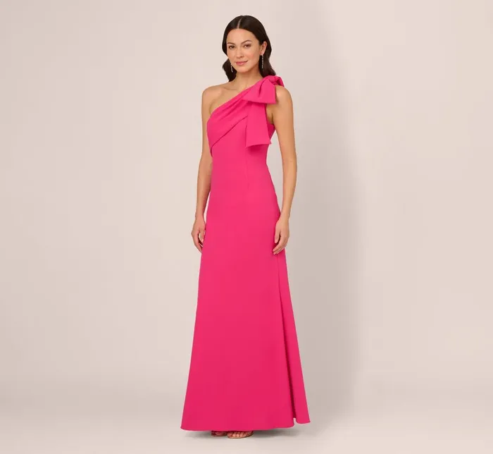 Adrianna Papell Formal Dresses Stretch Crepe One Shoulder Mermaid Gown With Bow Accent In Hot Pink 8211 Women Adrianna Papell Formal Dresses Stretch Crepe One Shoulder Mermaid Gown With Bow Accent In Hot Pink 8211 Women