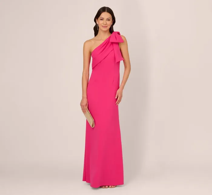 Adrianna Papell Formal Dresses Stretch Crepe One Shoulder Mermaid Gown With Bow Accent In Hot Pink 8211 Women