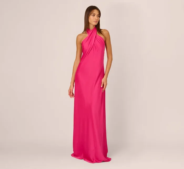 Adrianna Papell Formal Dresses Stretch Satin Mermaid Gown With Halter Neckline In Hot Pink 8211 Women Adrianna Papell Formal Dresses Stretch Satin Mermaid Gown With Halter Neckline In Hot Pink 8211 Women