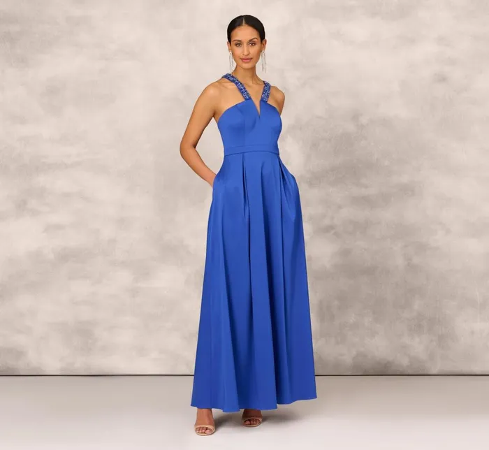 Adrianna Papell Formal Dresses VNeck Mikado Gown With Jewel Beaded Straps In Royal Sapphire 8211 Women Adrianna Papell Formal Dresses VNeck Mikado Gown With Jewel Beaded Straps In Royal Sapphire 8211 Women
