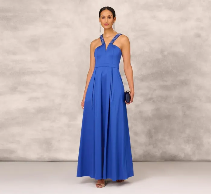 Adrianna Papell Formal Dresses VNeck Mikado Gown With Jewel Beaded Straps In Royal Sapphire 8211 Women