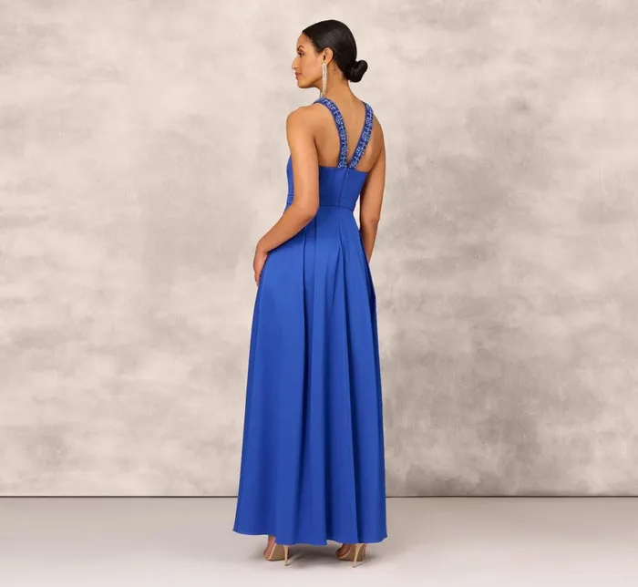 Adrianna Papell Formal Dresses VNeck Mikado Gown With Jewel Beaded Straps In Royal Sapphire 8211 Women