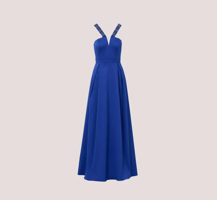 Adrianna Papell Formal Dresses VNeck Mikado Gown With Jewel Beaded Straps In Royal Sapphire 8211 Women